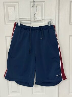Nike Men's Navy Athletic Shorts with Burgundy Side Panels and White Trim